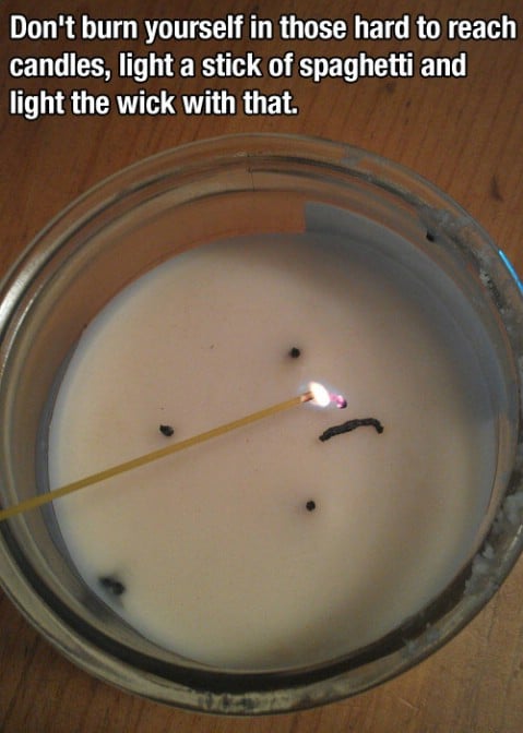 Light hard to reach candles with a spaghetti - Top 68 Lifehacks and Clever Ideas that Will Make Your Life Easier