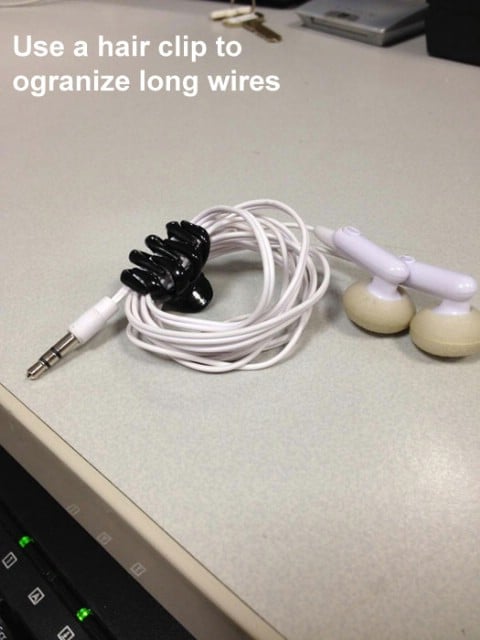 Use Hair Clip to Organize Long Wires - Top 68 Lifehacks and Clever Ideas that Will Make Your Life Easier