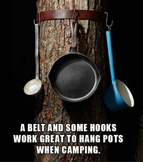 Hang your pots and pans easily using a belt. - Top 33 Most Creative Camping DIY Projects and Clever Ideas