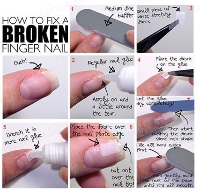 Visual step by step instructions on fixing a broken or cracked fingernail.
