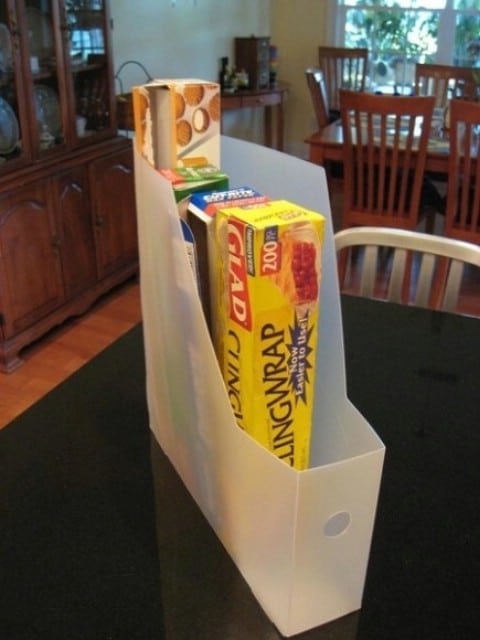 Use a Magazine Rack to Store Saran Wrap, Aluminum Foil, etc. - Top 58 Most Creative Home-Organizing Ideas and DIY Projects