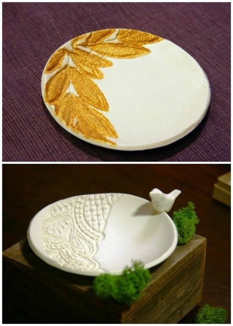 How to create an Anthro inspired lace embossed dish. - 32 Brilliant DIY Anthropologie Knockoffs