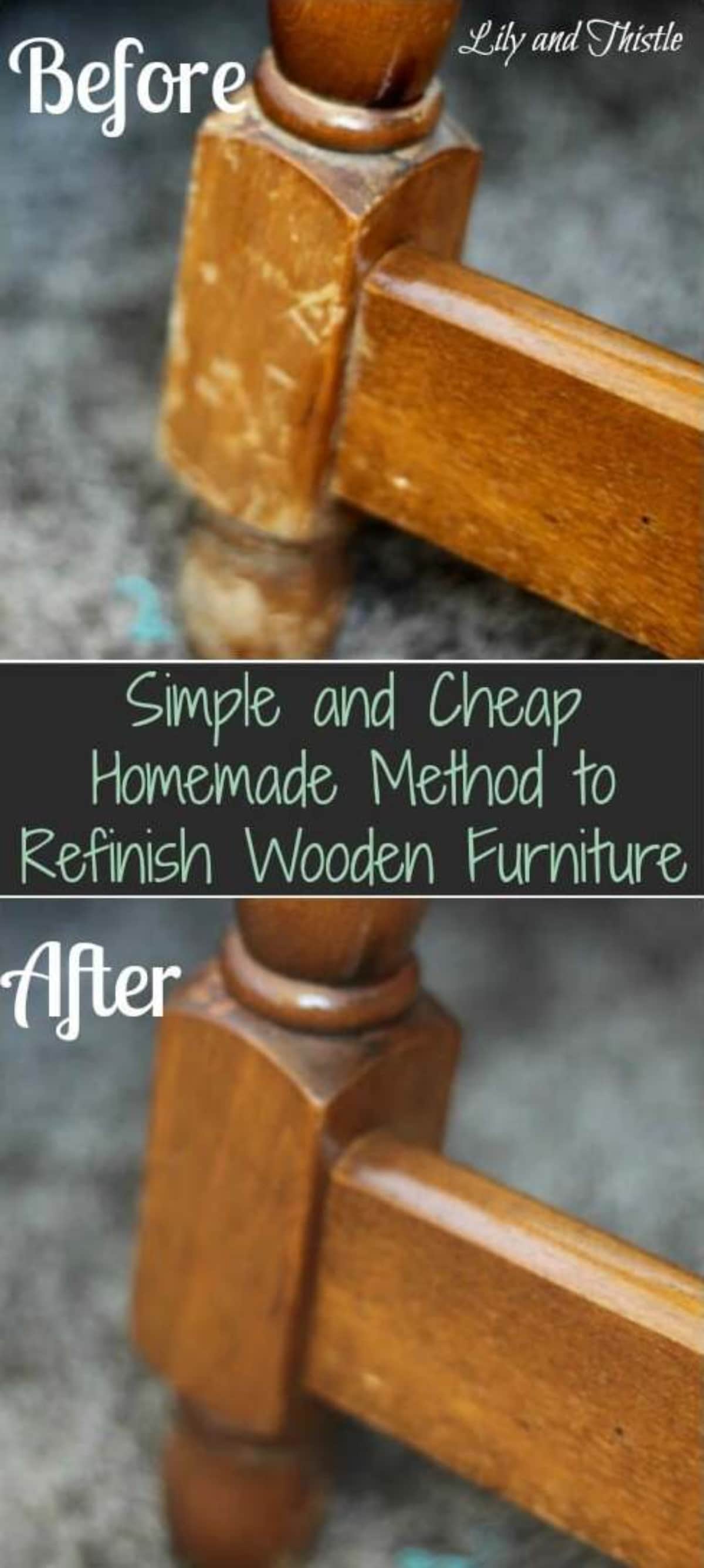 Simple and Cheap Homemade Method to Refinish Wooden Furniture pinterest image.