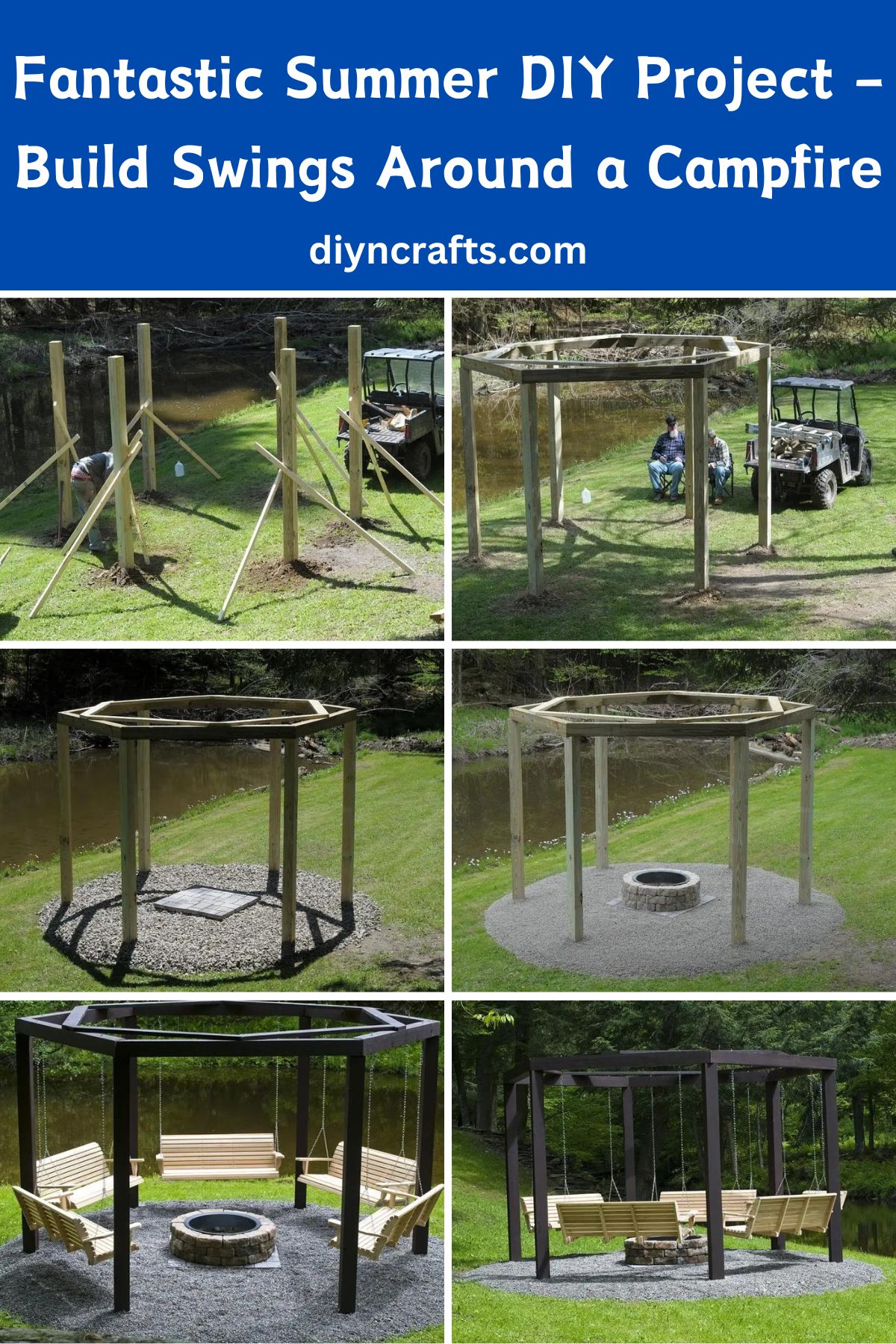 Fantastic Summer DIY Project – Build Swings Around a Campfire collage.