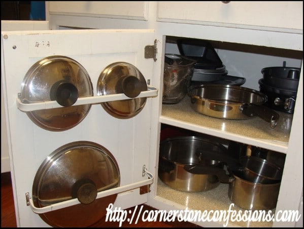 Curtain Rods to Organize Pan Lids - 150 Dollar Store Organizing Ideas and Projects for the Entire Home