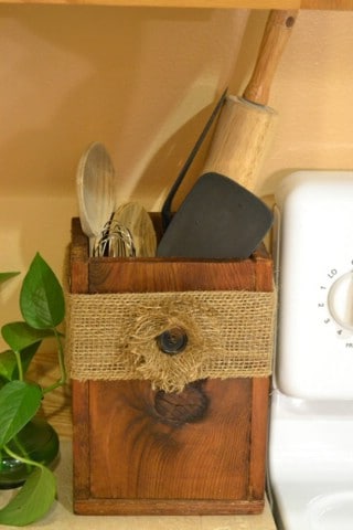 DIY Wooden Utensil Box… with Burlap Flower! - 60+ Innovative Kitchen Organization and Storage DIY Projects