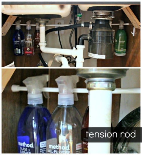 A Tension Rod Works Great Under the Sink - 150 Dollar Store Organizing Ideas and Projects for the Entire Home