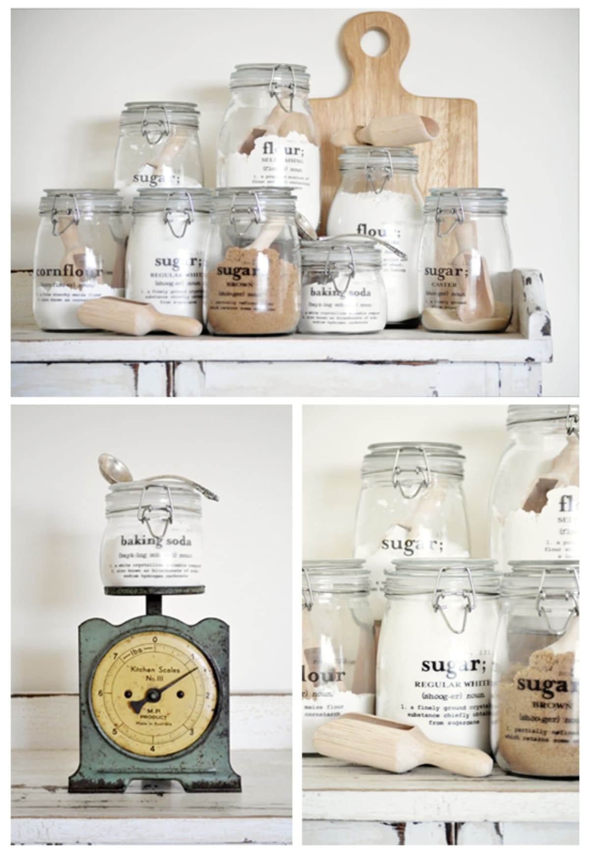 Collage of jar labels in the kitchen.