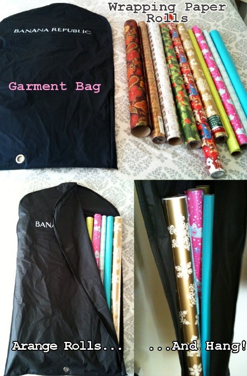 Store Wrapping Paper in a Garment Bag - 150 Dollar Store Organizing Ideas and Projects for the Entire Home