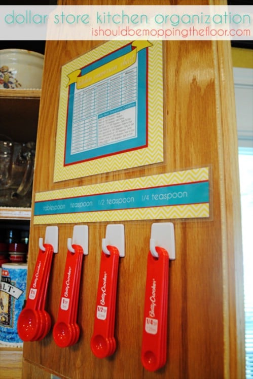 Organize Measuring Spoons Inside the Cabinet Door - 150 Dollar Store Organizing Ideas and Projects for the Entire Home