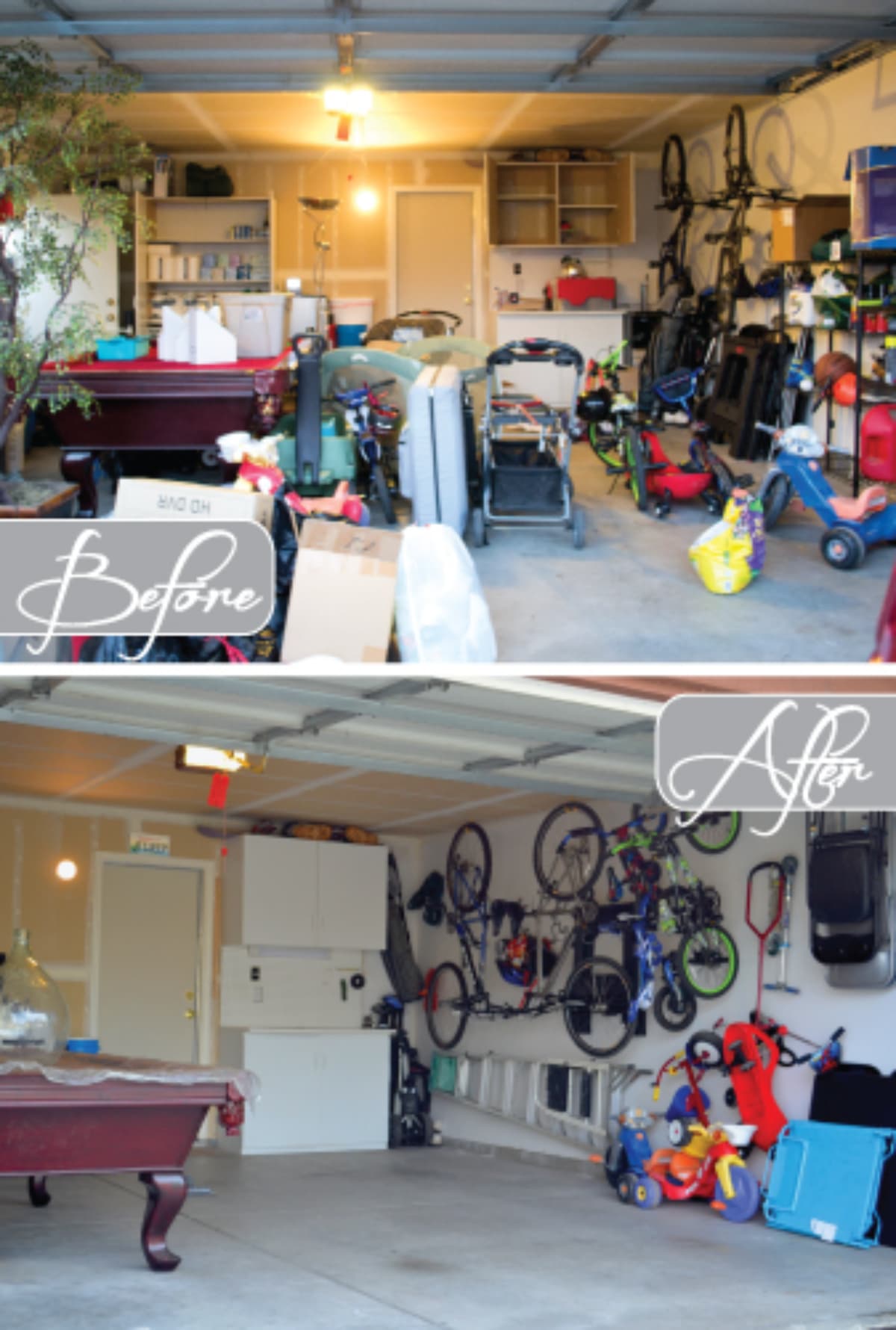 DIY hanging bike organization before and after.