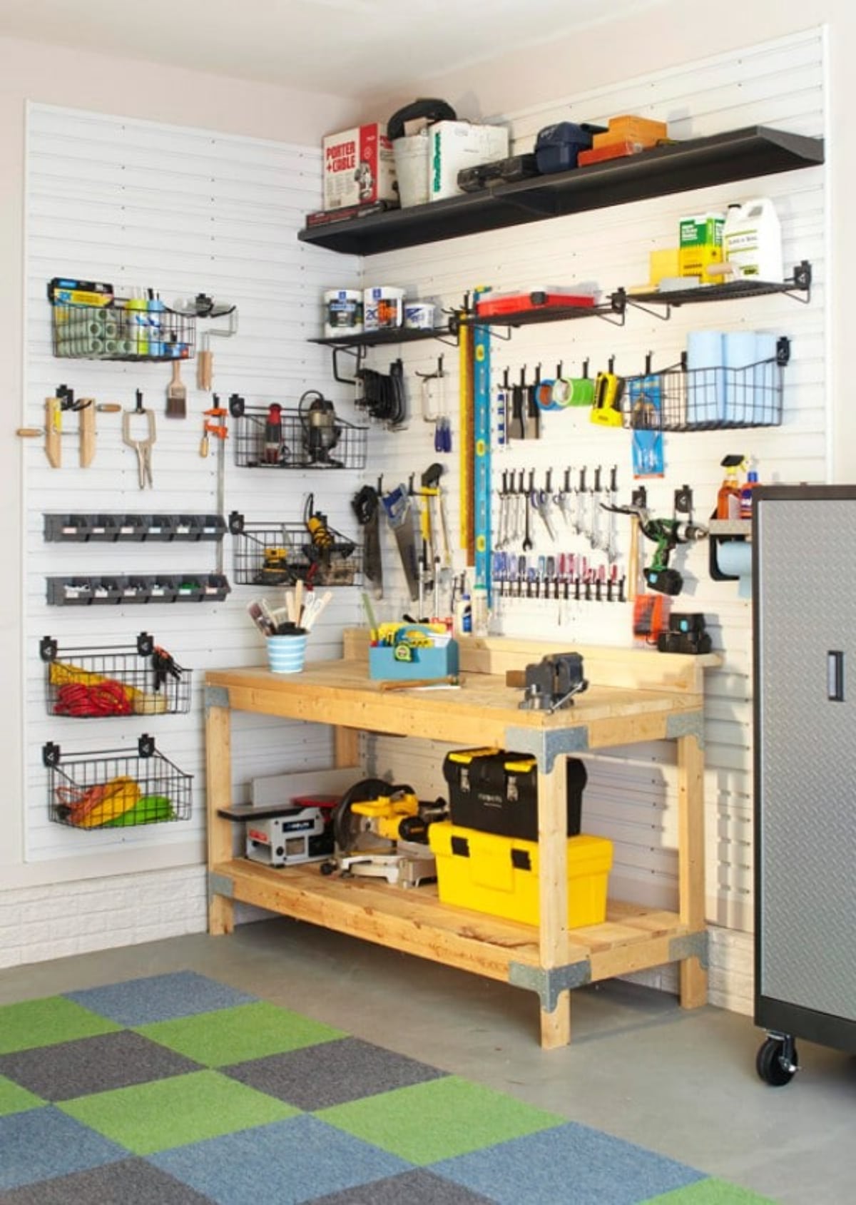 DIY garage corner organization.