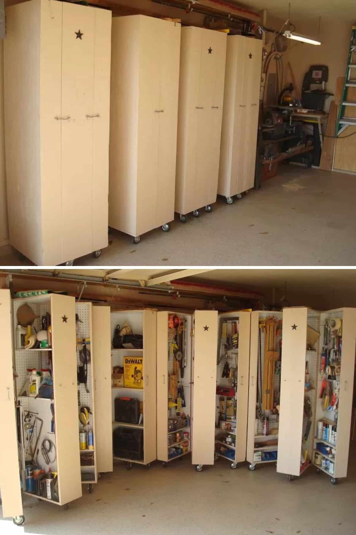 DIY rolling cabinets in a garage.