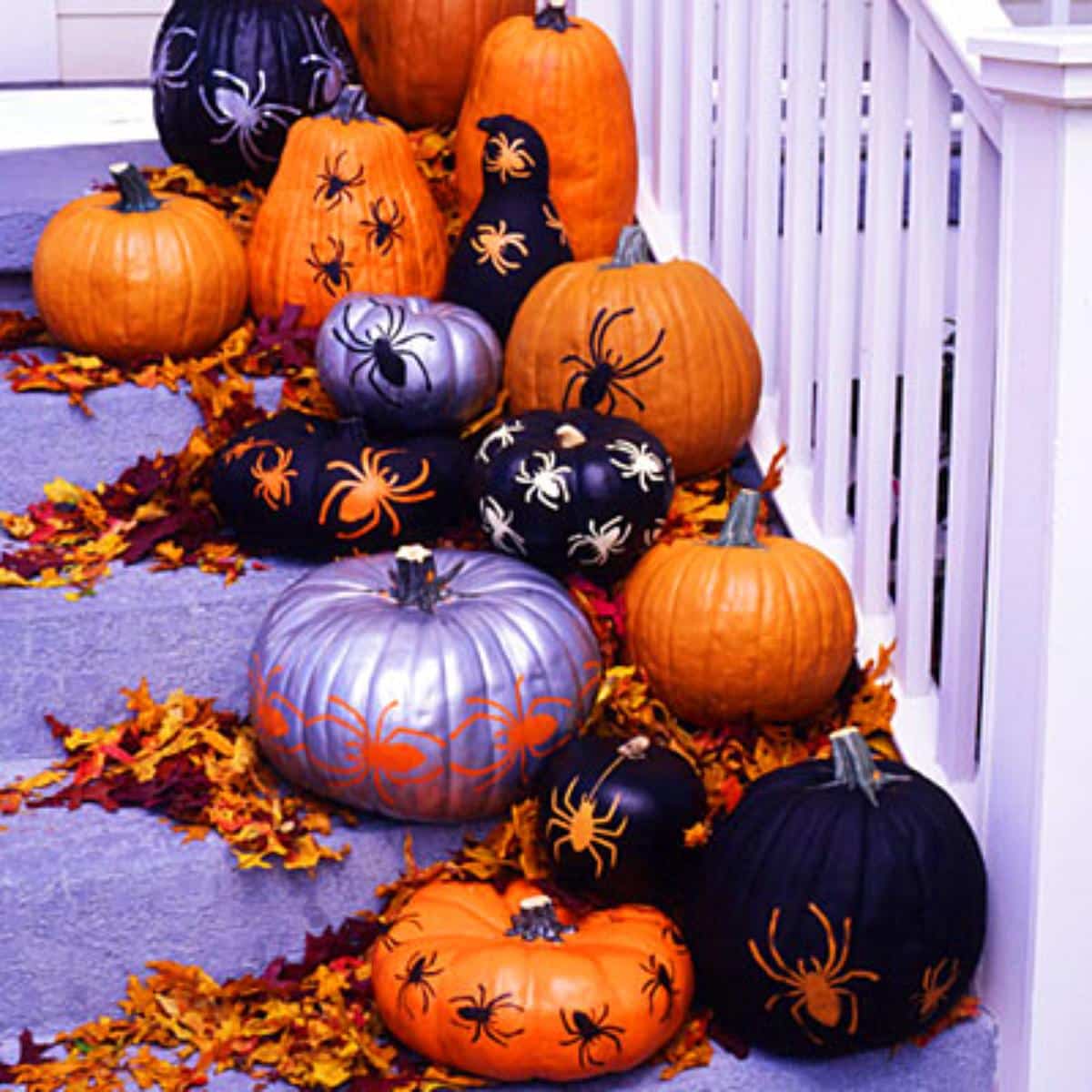 DIY Stenciled Pumpkins on stairs.