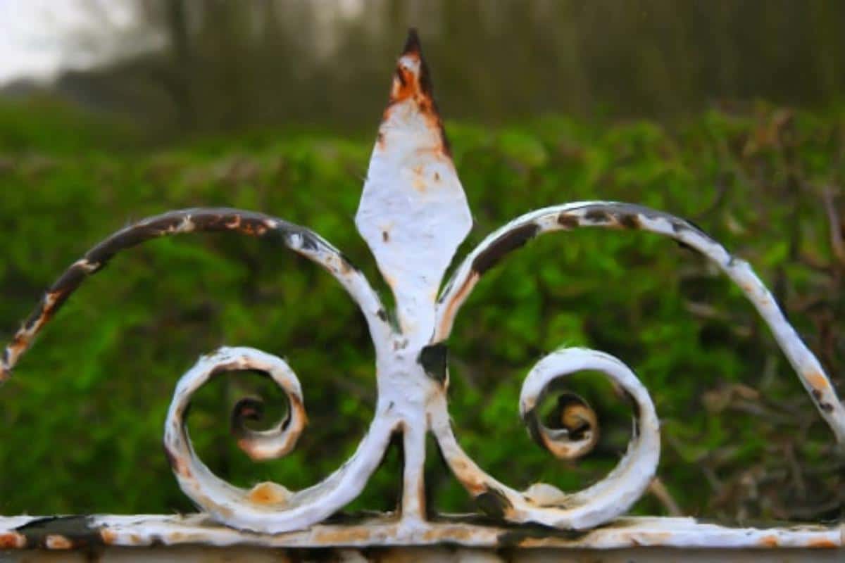 A top of a rusted metal fence.
