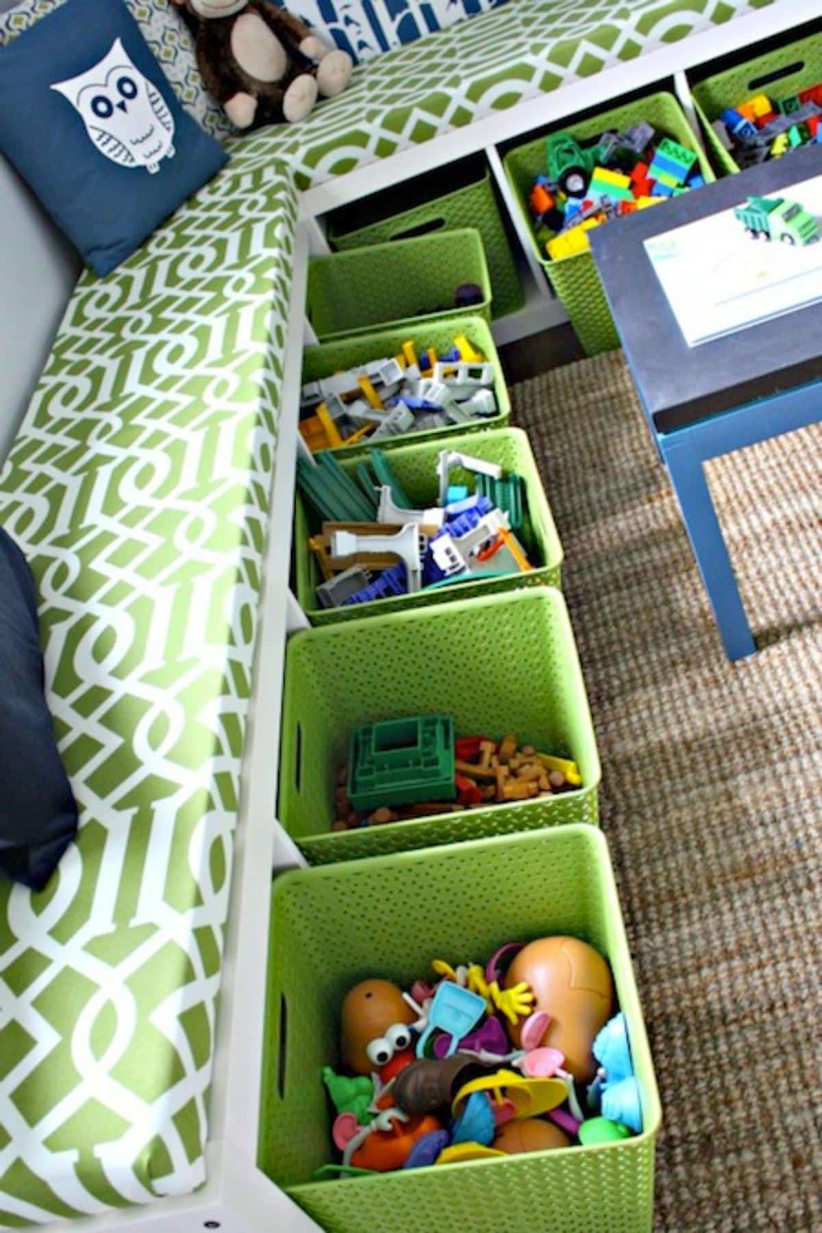 Bench seating storage for kids playroom.