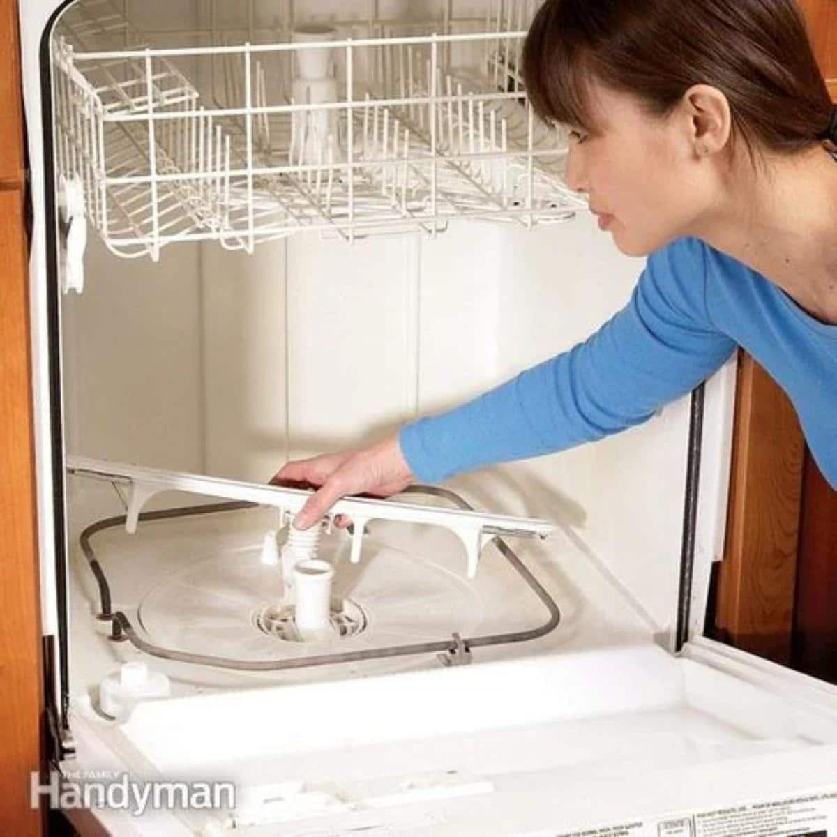 A woman is cleaning a dishwasher.