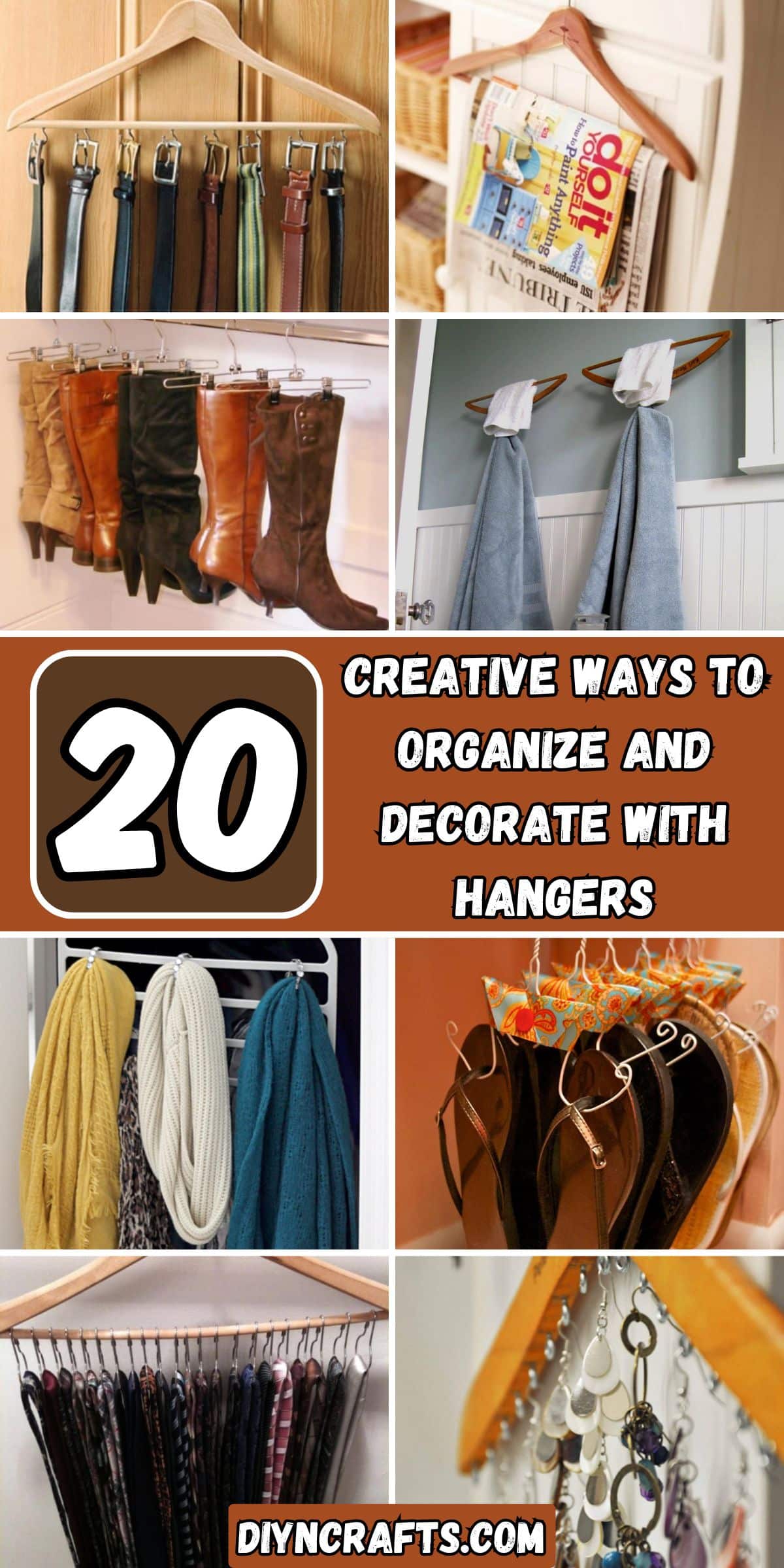 20 Creative Ways to Organize and Decorate with Hangers collage.
