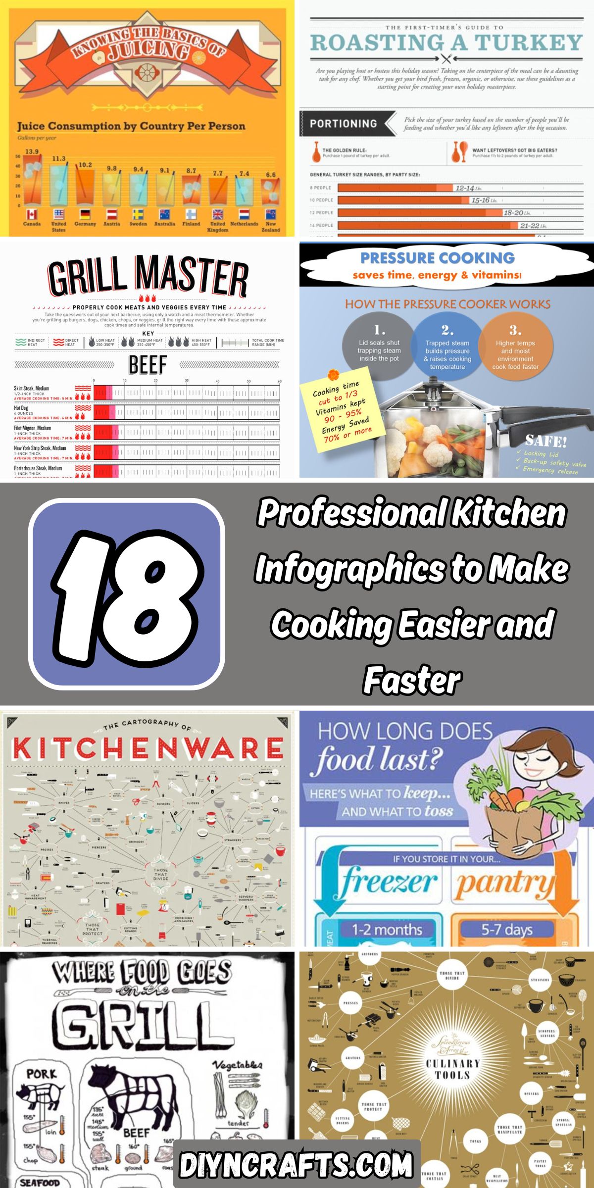 18 Professional Kitchen Infographics to Make Cooking Easier and Faster collage.