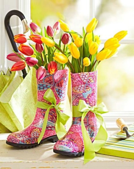Colorful Boots Centerpiece - 40 Beautiful DIY Easter Centerpieces to Dress Up Your Dinner Table