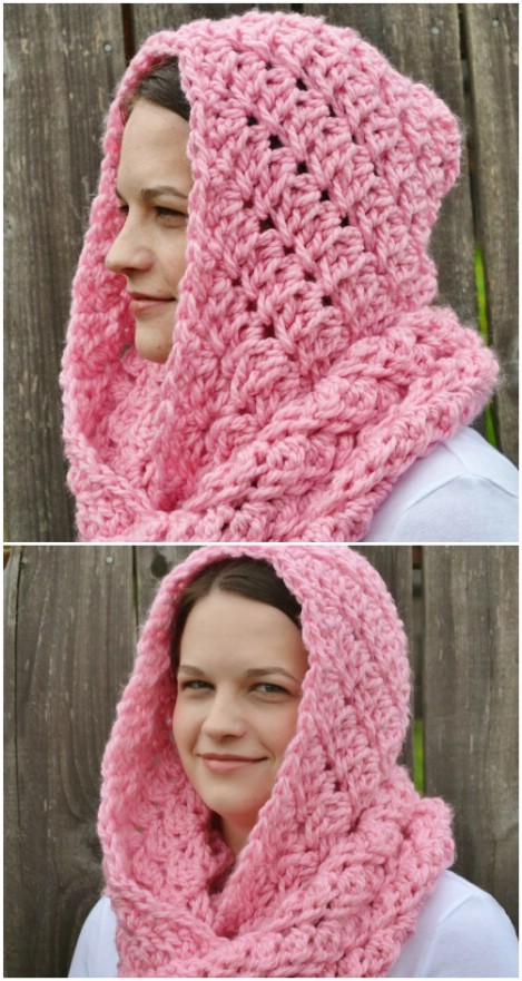 Cowl Head Scarf Hooded Scarf in Pink and White Infinity Scarf