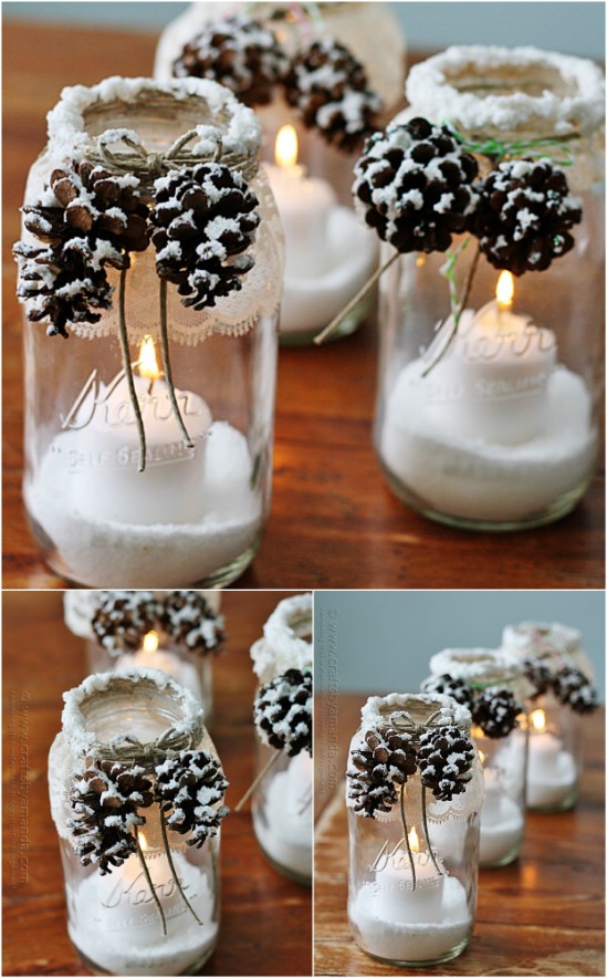 Snowcapped Pinecones - 12 Magnificent Mason Jar Christmas Decorations You Can Make Yourself