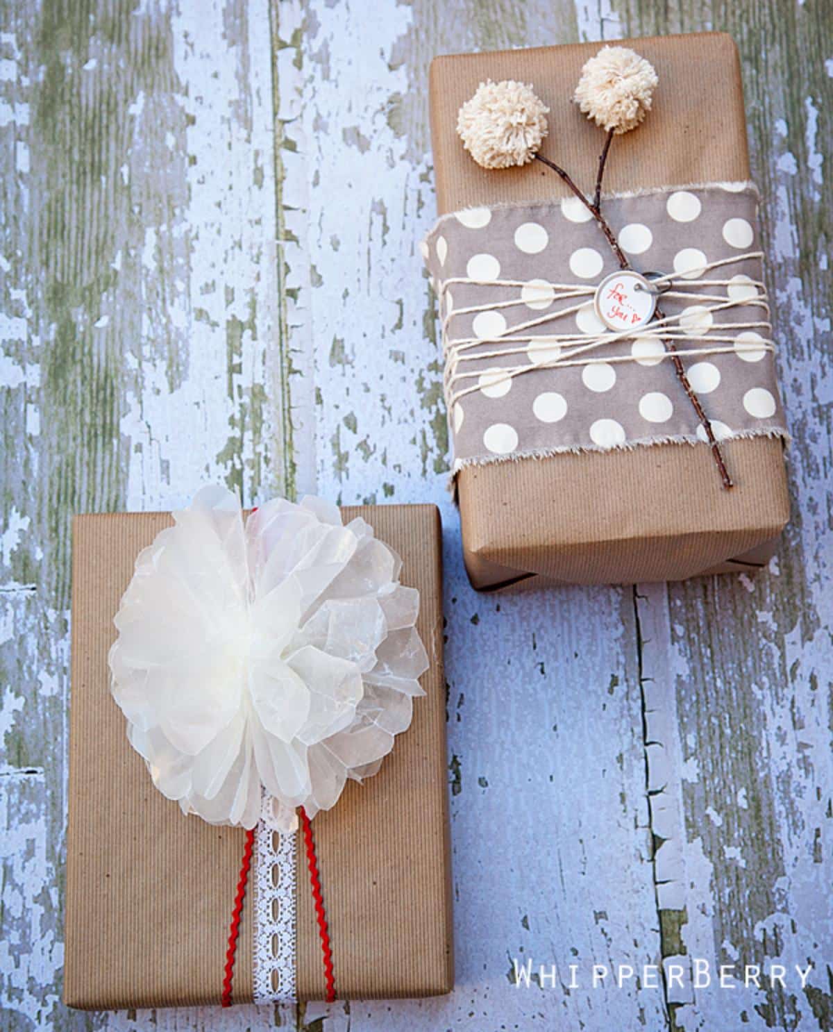 DIY tissue paper flower bow gift wrappings.