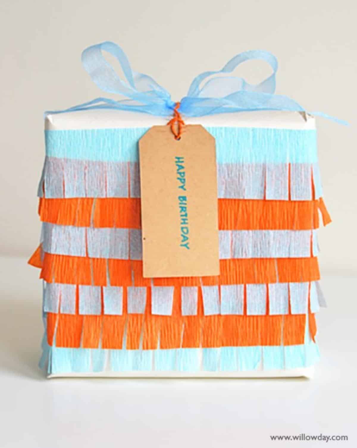 DIY Crepe paper fringes gift wrapping.