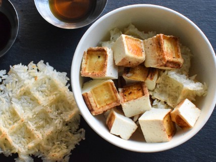 Tofu and sticky rice - 35 Delicious Foods You Didn't Know You Could Cook in Your Waffle Iron