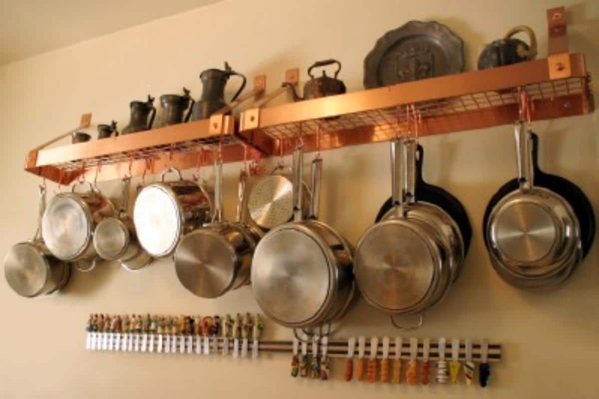 A wall-mounted kitchen rack