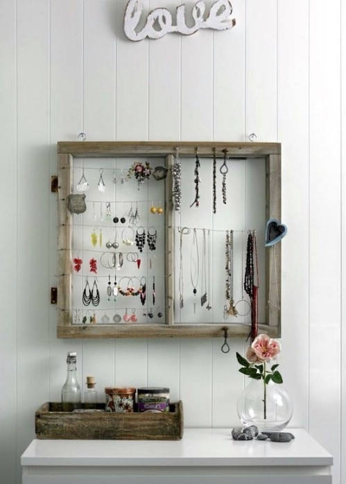 Window frame jewelry storage - 50 Decorative Rustic Storage Projects For a Beautifully Organized Home