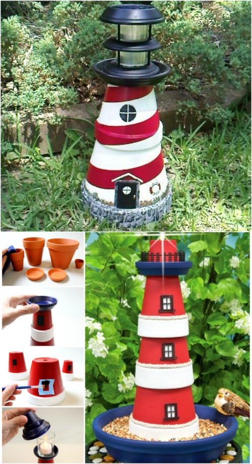 Charmingly Nautical DIY Garden Decoration: Clay Pot Lighthouse