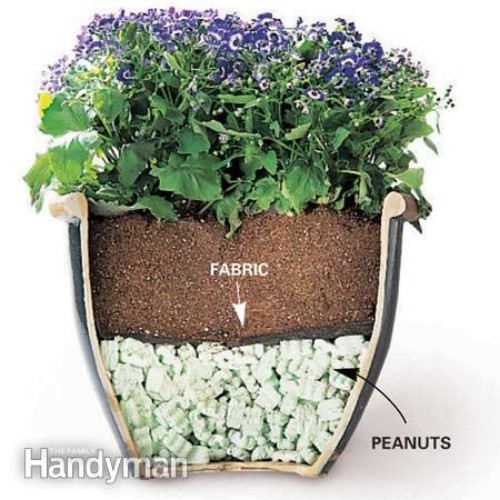 Reduce the weight of a heavy outdoor plant pot.