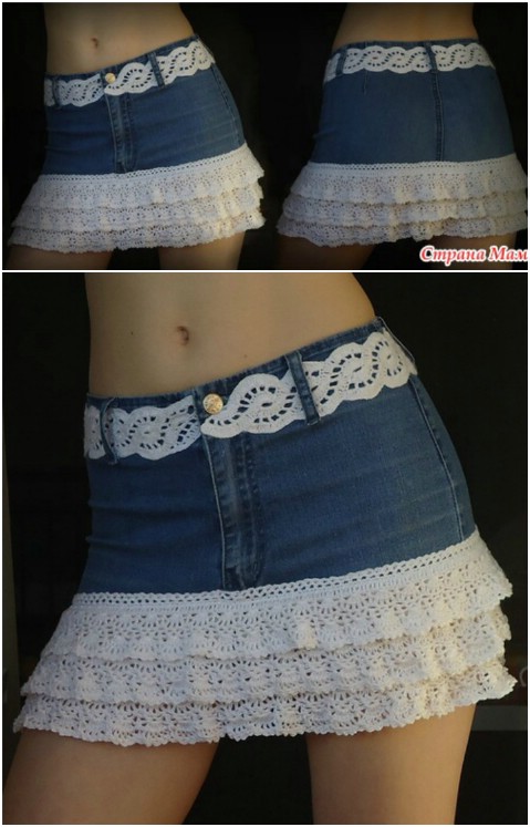 Convert your old pair of jeans into a chic skirt with lace.