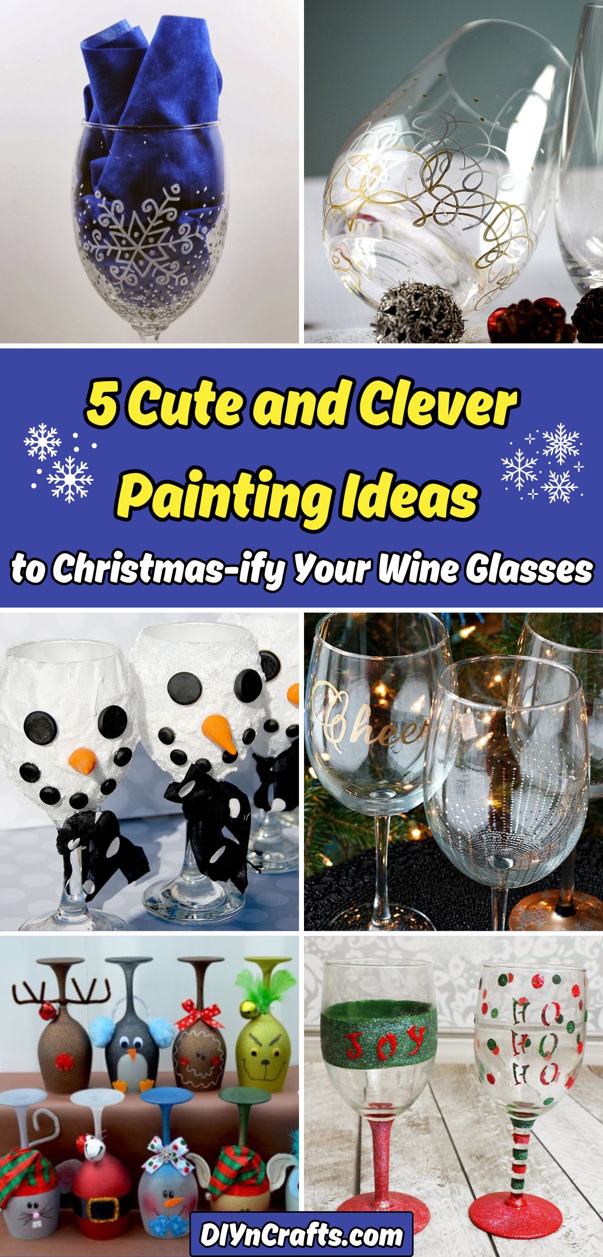 5 Cute and Clever Painting Ideas to Christmas-ify Your Wine Glasses collage.