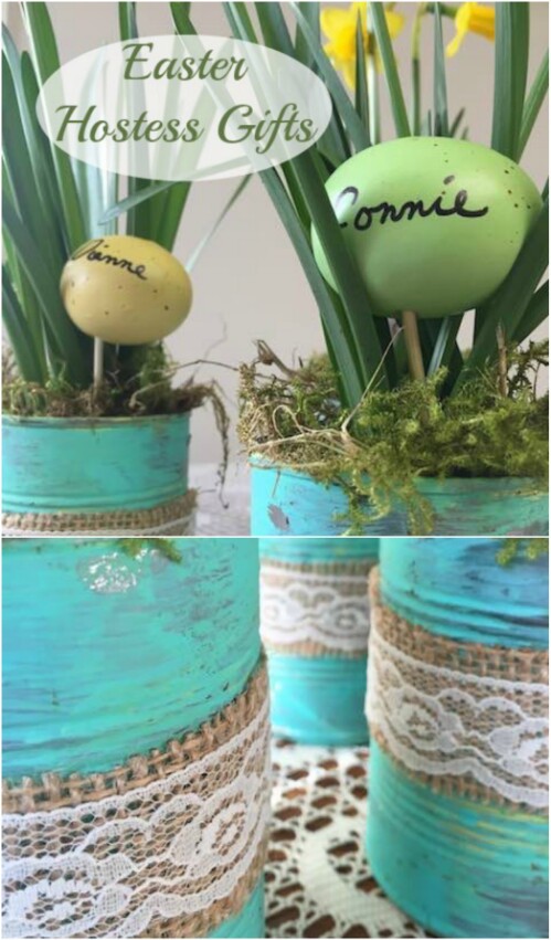 Tin Can Spring Planters with Burlap and Lace