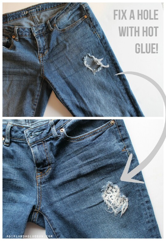 25. “Fix” A Hole In Your Jeans with Hot Glue and Lace