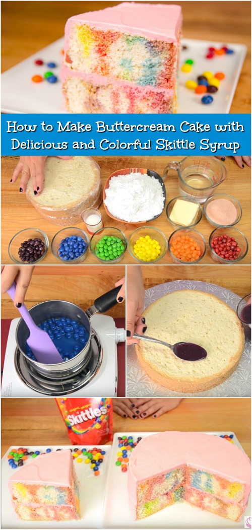 Learn How to Make Buttercream Cake with Delicious and Colorful Skittle Syrup {Video Recipe}