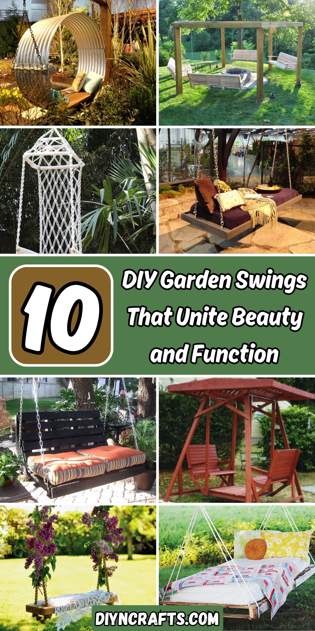 10 DIY Garden Swings That Unite Beauty and Function collage.