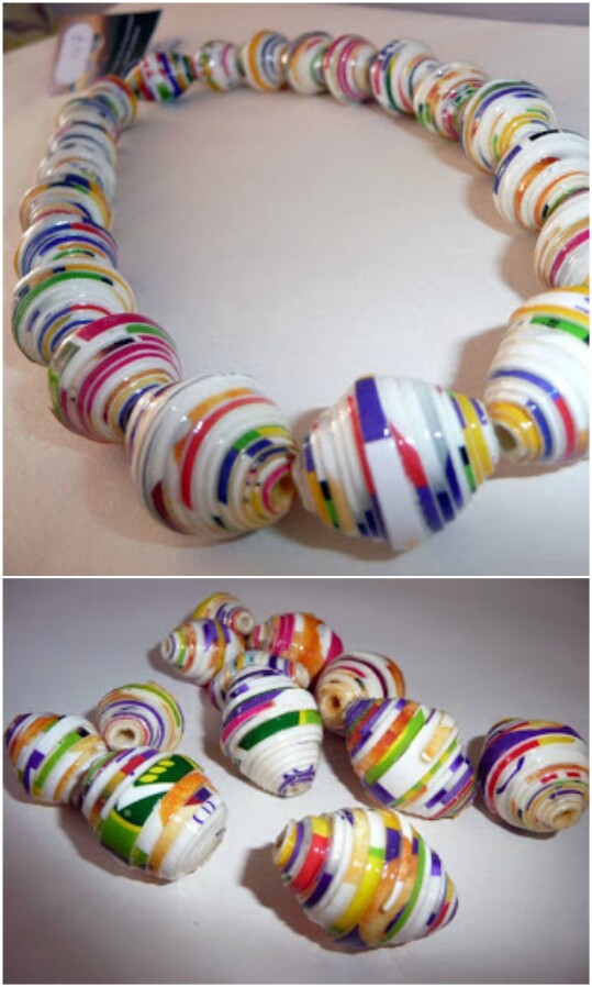 Make a really chic necklace out of recycled cereal boxes.