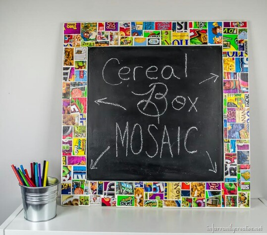Make a cereal box mosaic frame.