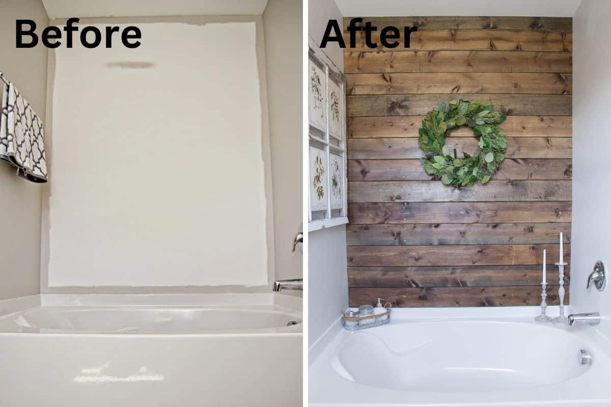 DIY Plank Wall before and after.