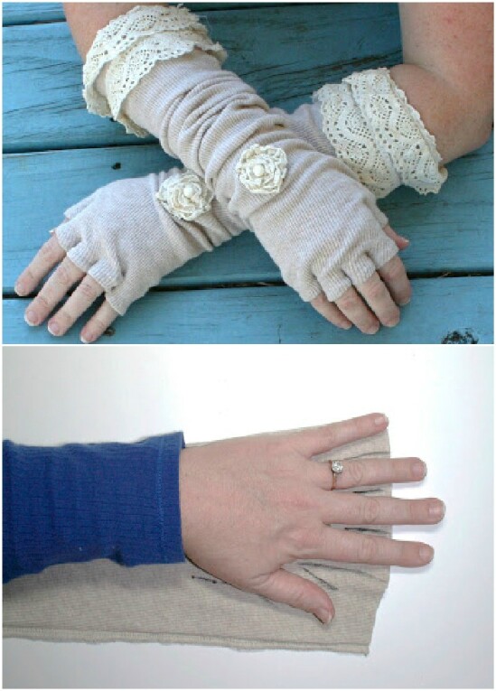 Linen And Lace Fingerless Gloves - 50 Amazingly Creative Upcycling Projects For Old Sweaters