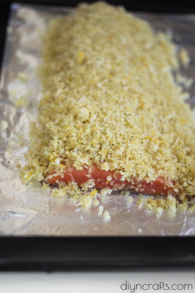Covering salmon fillets with the stirred ingredients.