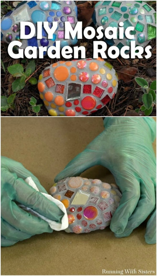 DIY Mosaic Garden Rocks From Broken Glass