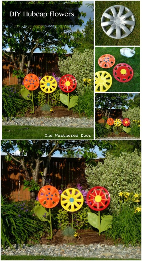 Colorful Upcycled Hubcap Flowers