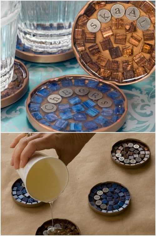 Upcycled Jar Lid Mosaic Cocktail Coasters