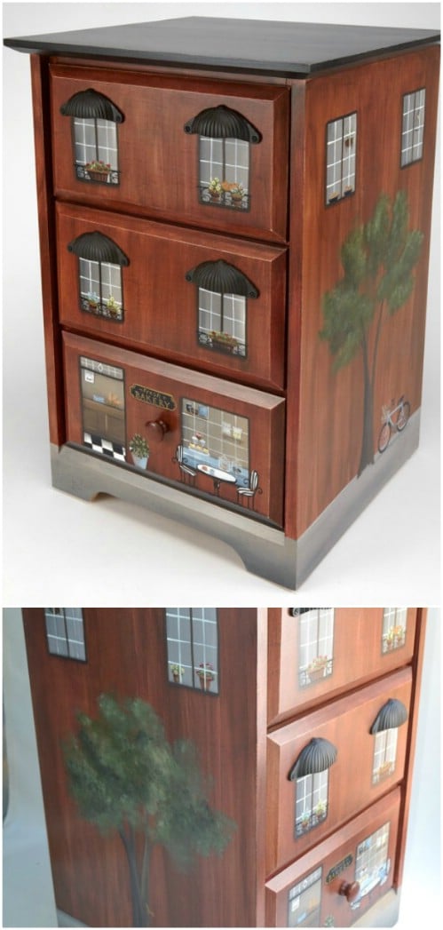 Paint an end table to look like a townhouse or other building.