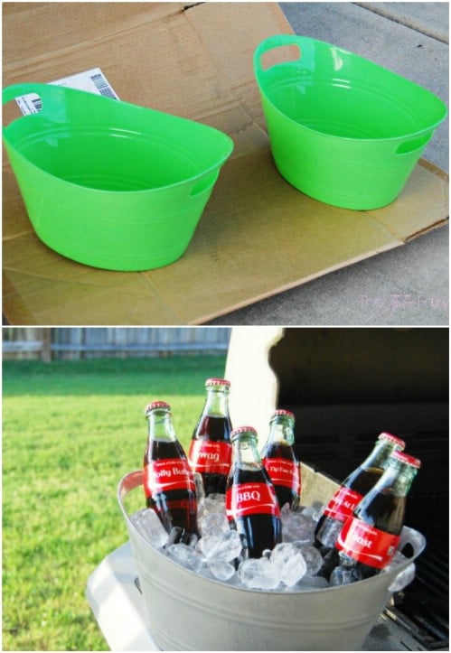 Use spray paint to make it look like your plastic bins are made out of metal.