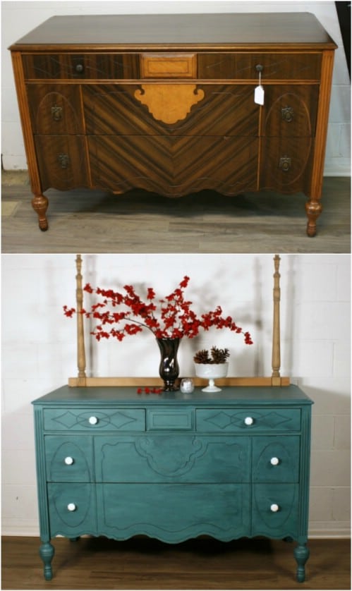 Here is how to do a color wash on a dresser to achieve a lovely teal hue.